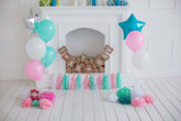White Fireplace With Many Balloons On White Wood Floor For Birthday Photo Backdrop Shopbackdrop